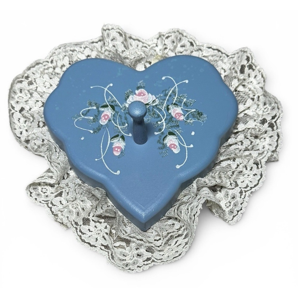 Vintage Blue‎ Wooden Heart Wall Key Holder Hand Painted Floral Cottagecore